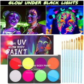 CC Beauty UV Glow Face Body Paint Palette, 8 Neon Glow In Black Lights Face Paint Kit, Water Activated Eyeliner, Safe Washable Adult, Halloween Makeup