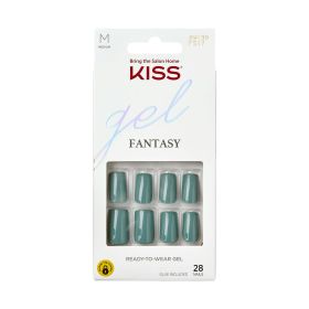 KISS Gel Fantasy Sculpted Medium Square Glue-On Nails, Glossy Dark Green, 'High Life', 28 Ct.