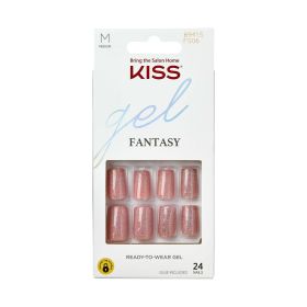 KISS Gel Fantasy Medium Square Glue-On Nails, Glossy Medium Pink, 28 pieces