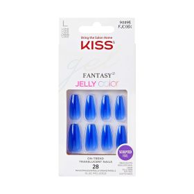 KISS Gel Fantasy Long Coffin Solid Color Glue-On Jelly Nails, Royal Blue, 28 pieces