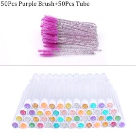 Reusable Eyebrow Brush Tube Disposable Eyelash Brush Eyebrow Brush Replaceable Dust-proof Sparkling Broken Diamond Makeup Brush (Color: Purple and 50pcs)